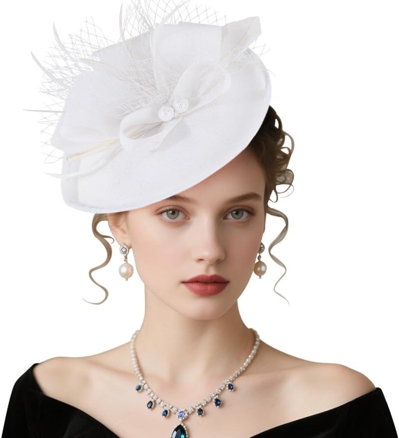 DRESHOW قبعة فاسيناتور مزينة بالريش مع رباط رأس للنساء، قبعات حفلات الشاي مع مشبك وزهرة لرأس الفتيات والنساء - Image 1